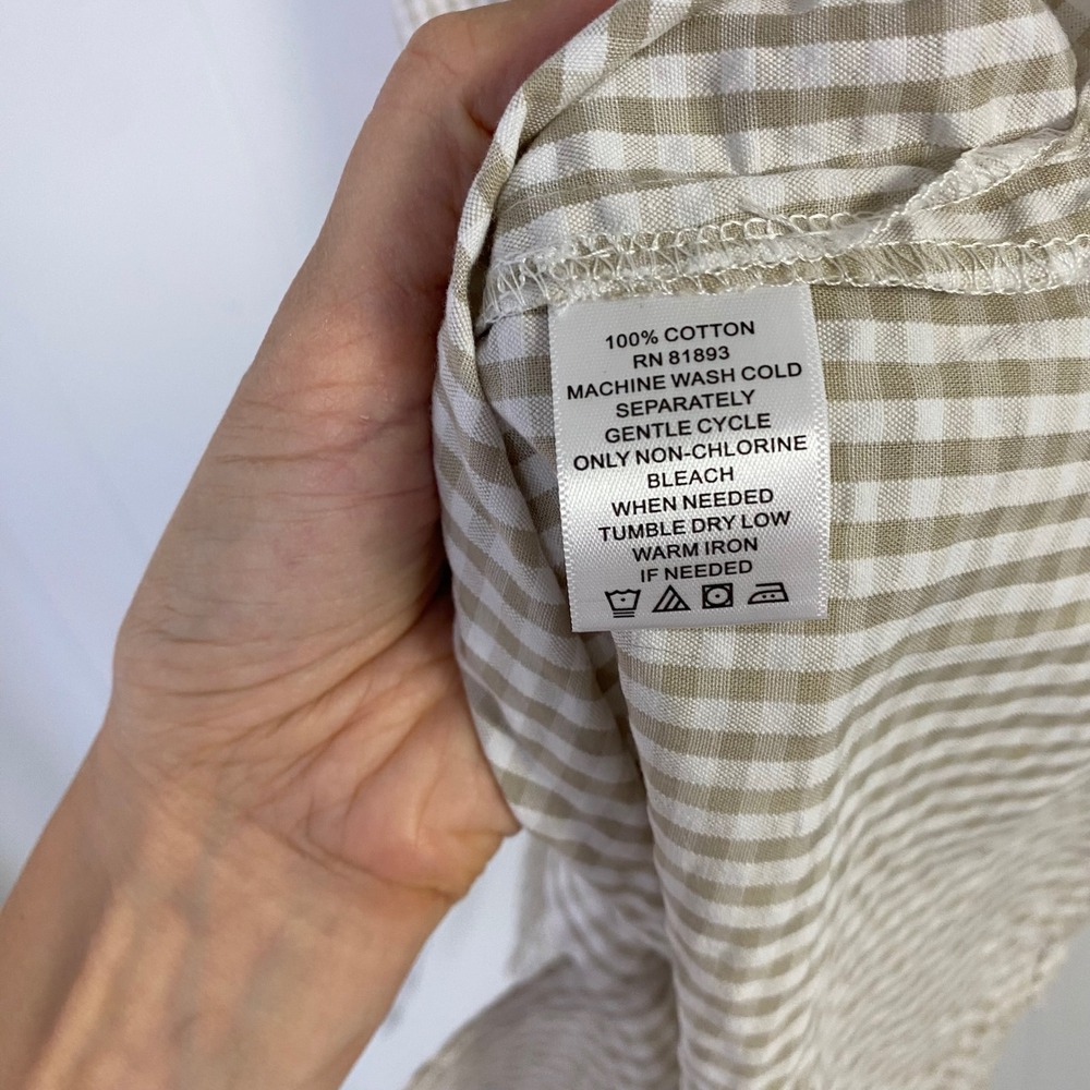Denim & Co Womens XL Gingham Shirt Dress Tan White Cotton Short Sleeve Belted - Picture 4 of 8